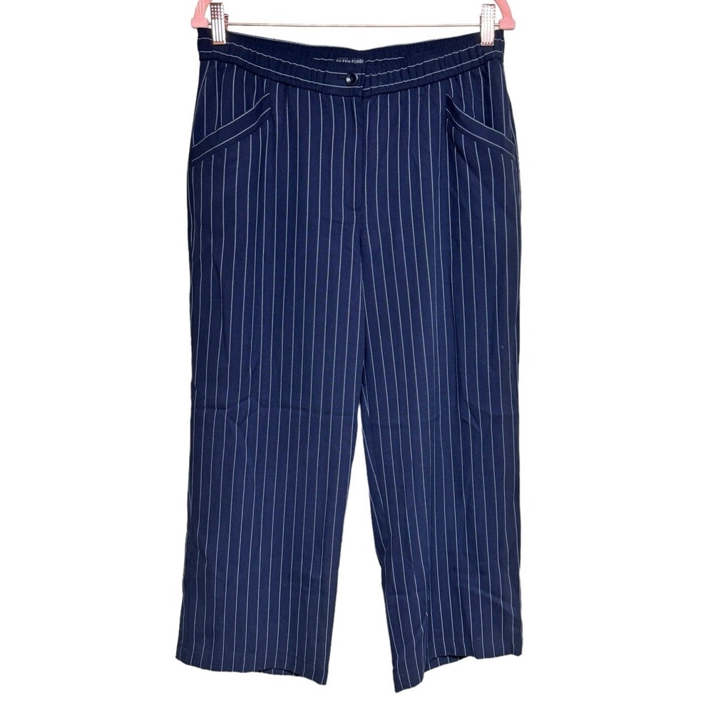 Eileen Fisher Navy Pinstripe Crop Stretch Wide Leg Pants Women's Size MP